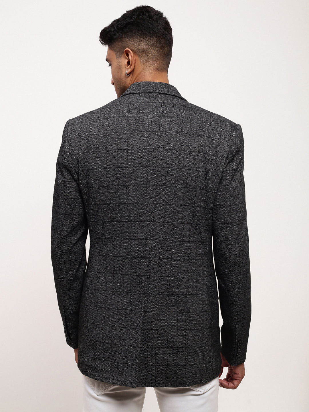 Men Grey Checked Single Breasted Blazer