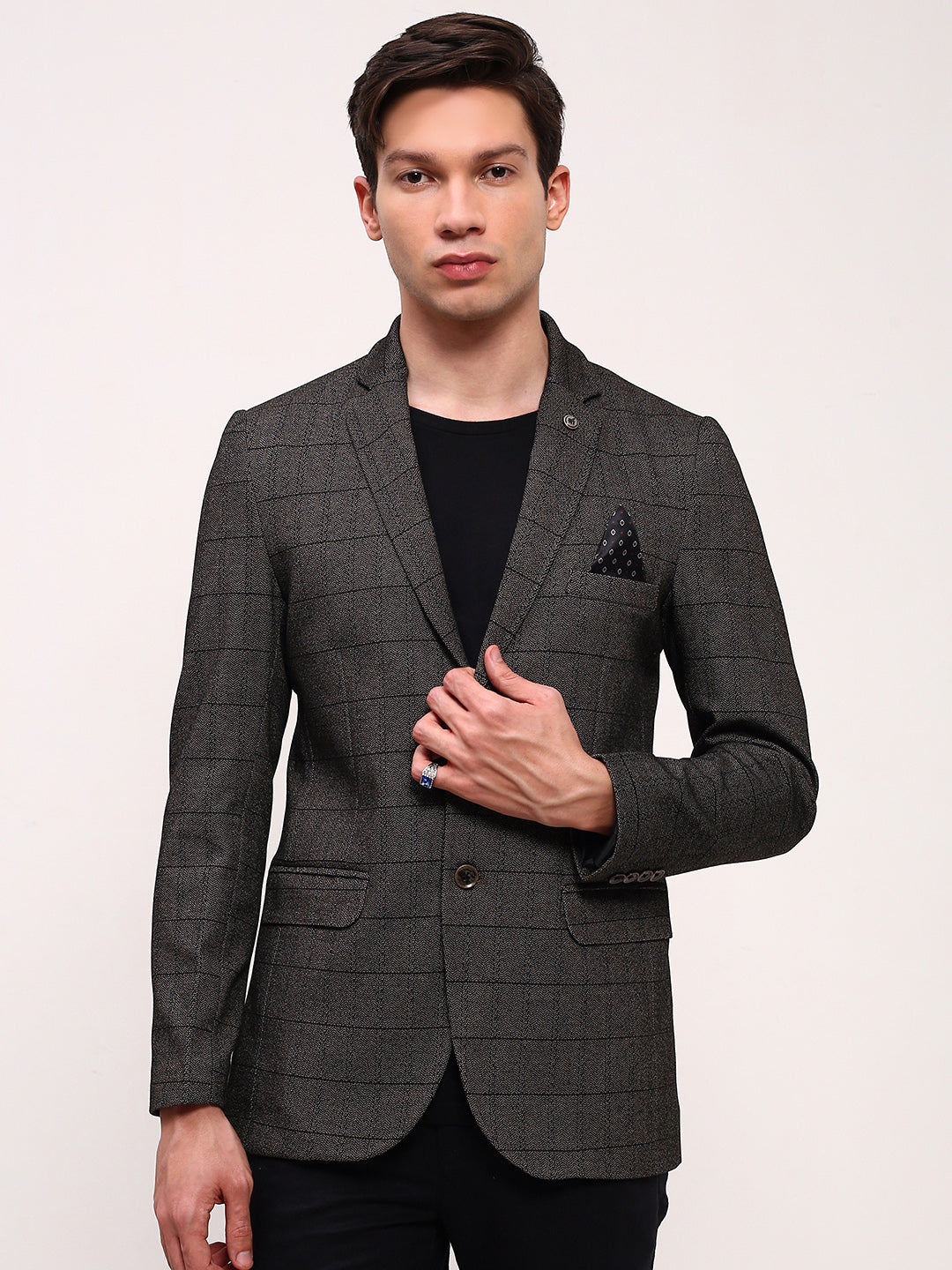 Men Olive Checked Single Breasted Blazer