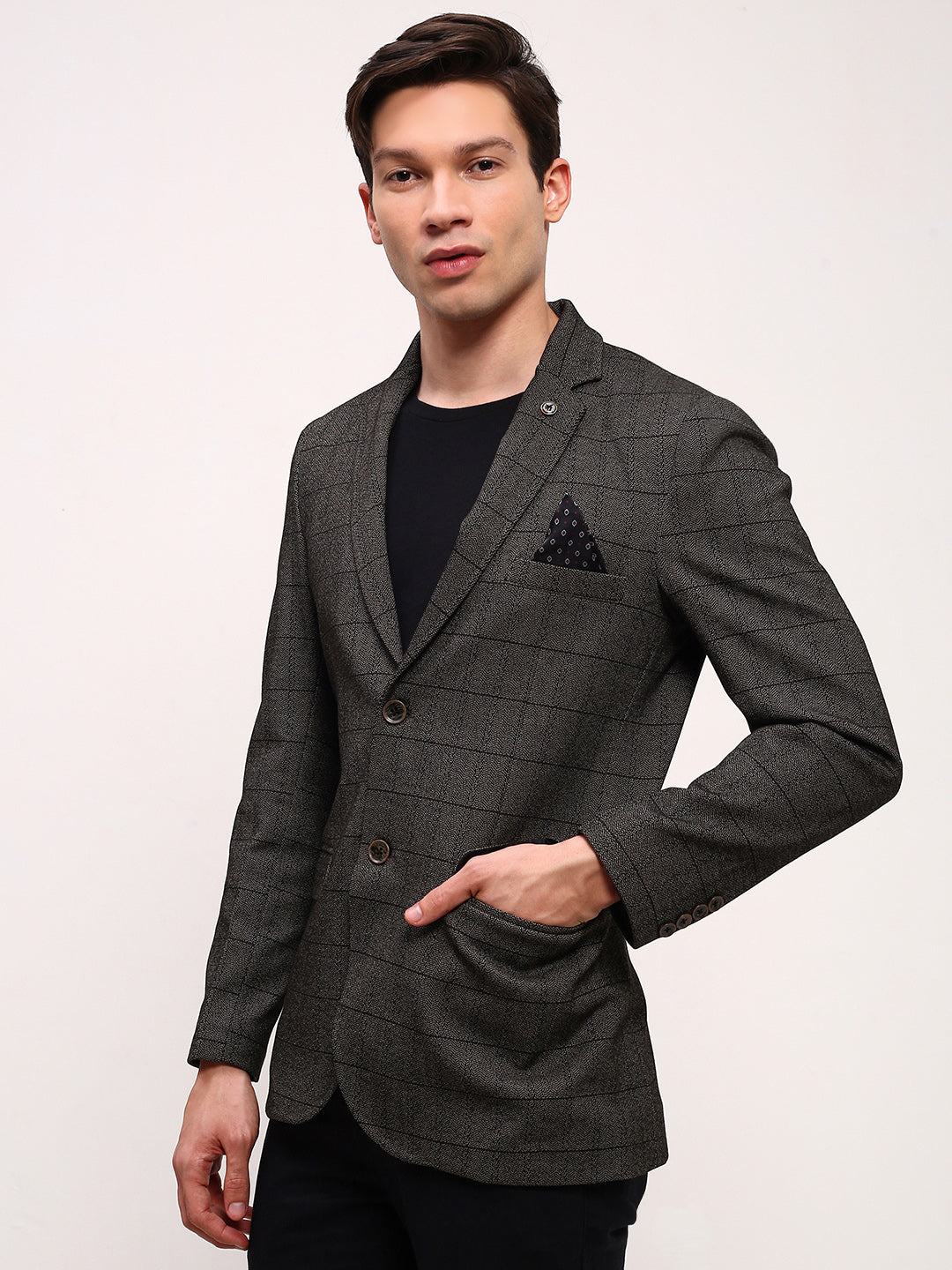 Men Olive Checked Single Breasted Blazer