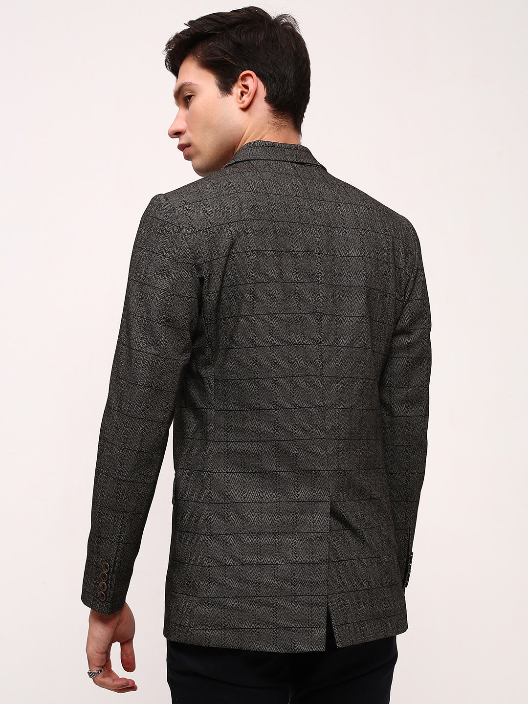 Men Olive Checked Single Breasted Blazer