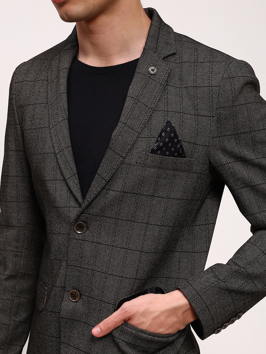 Men Olive Checked Single Breasted Blazer