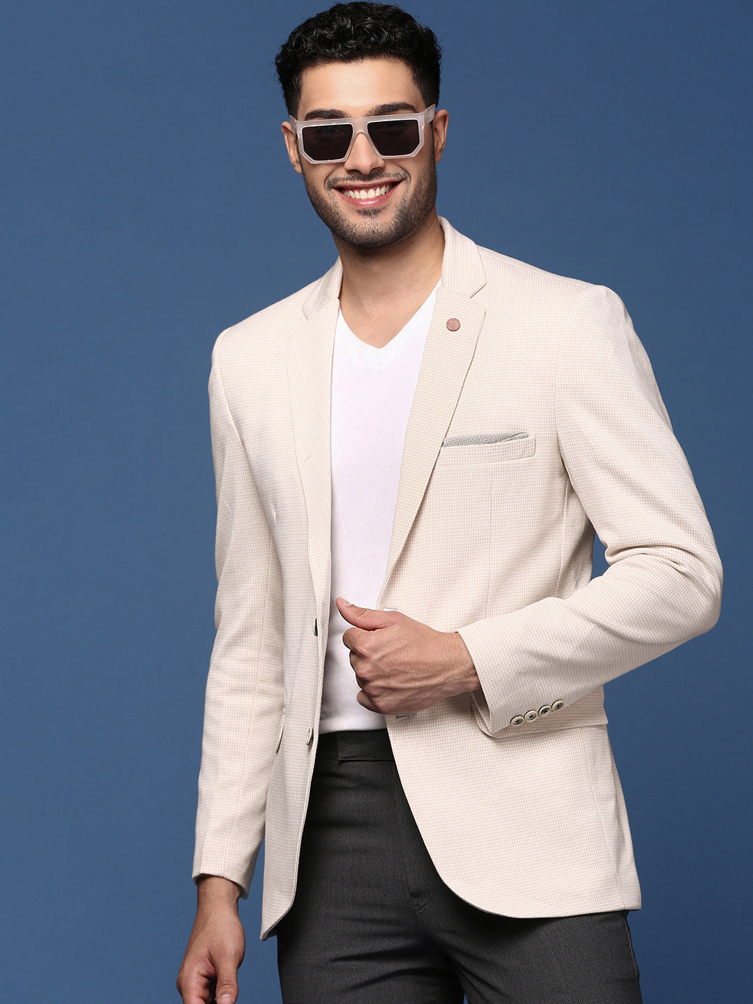 Men Cream Slim Fit Single Breasted Blazer