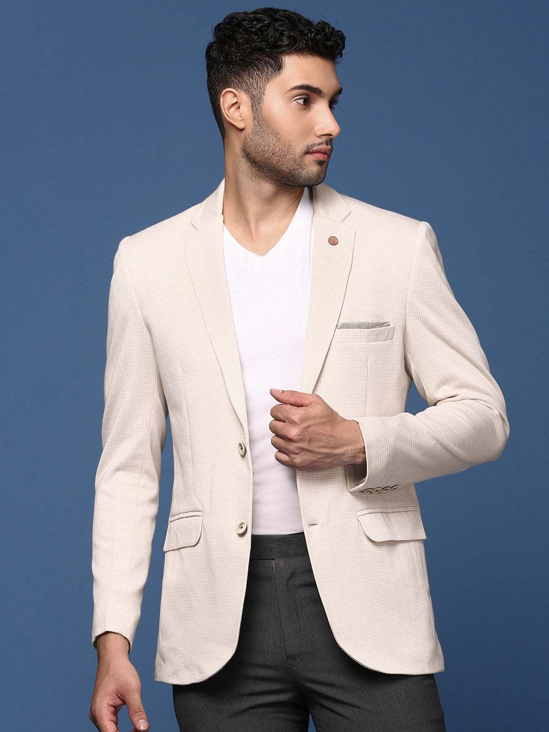 Men Cream Slim Fit Single Breasted Blazer