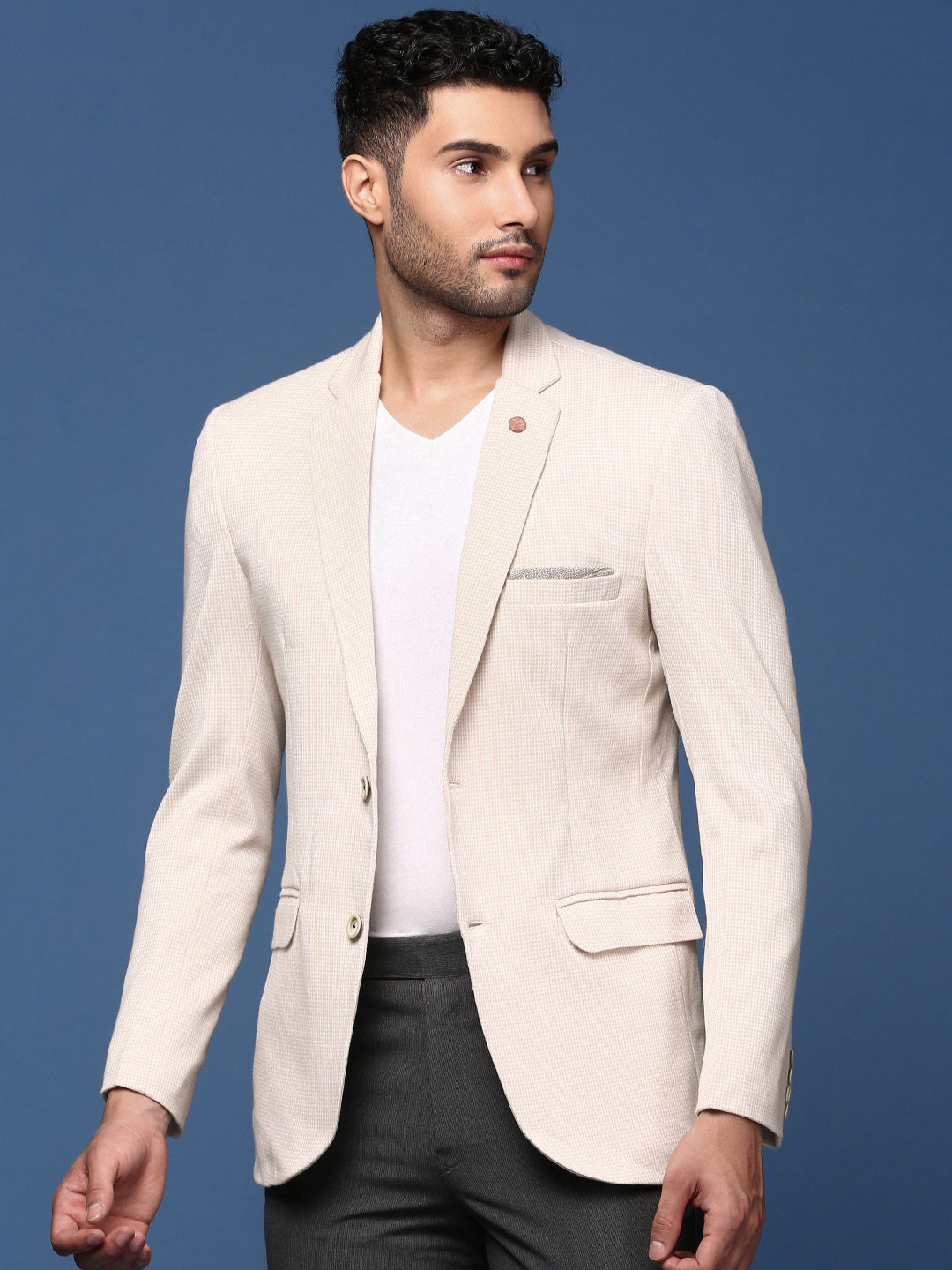 Men Cream Slim Fit Single Breasted Blazer