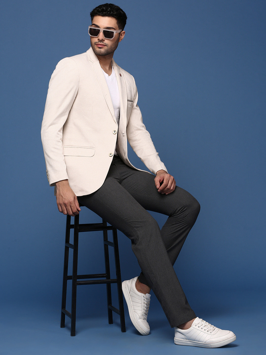 Men Cream Slim Fit Single Breasted Blazer