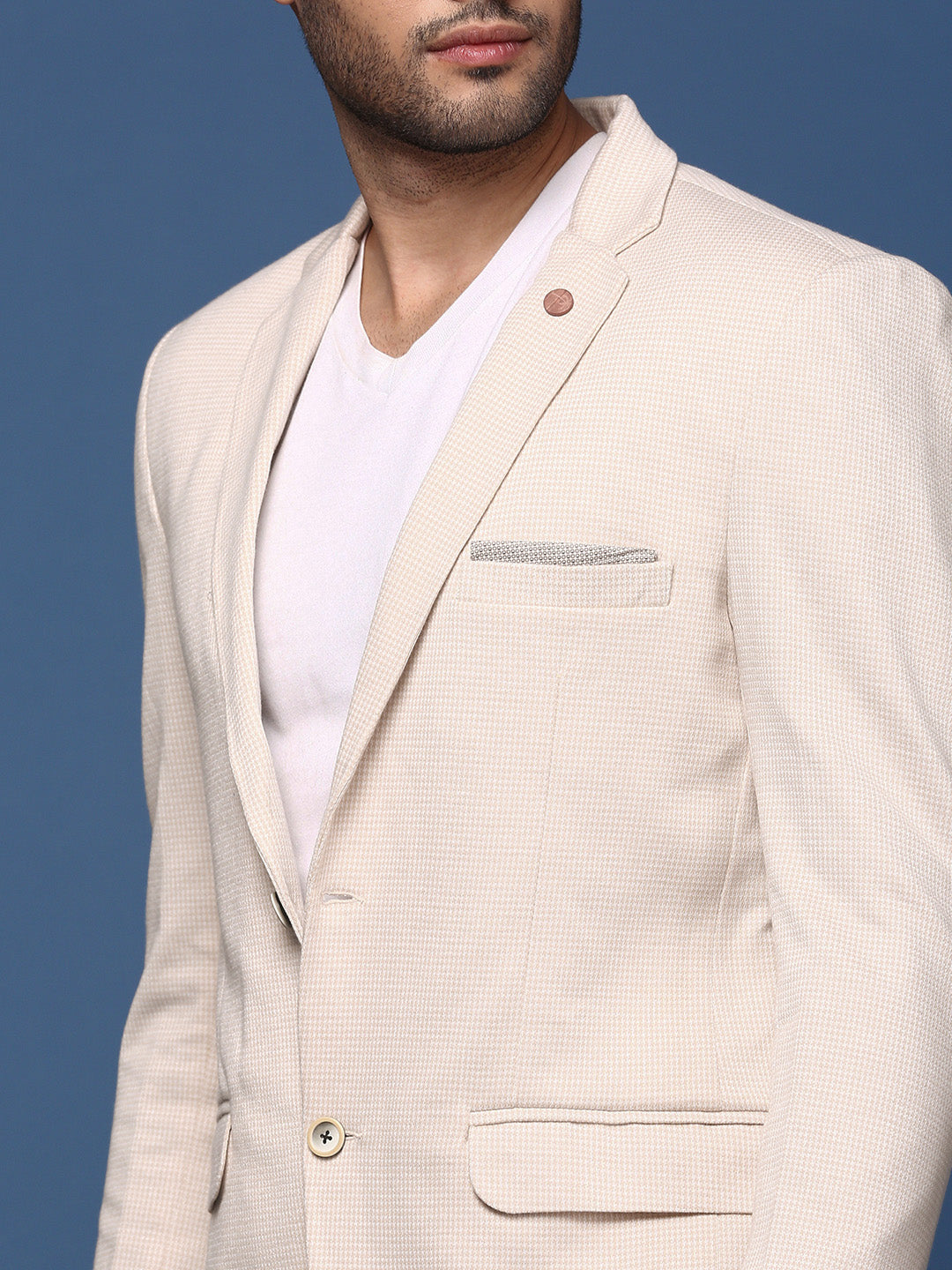 Men Cream Slim Fit Single Breasted Blazer