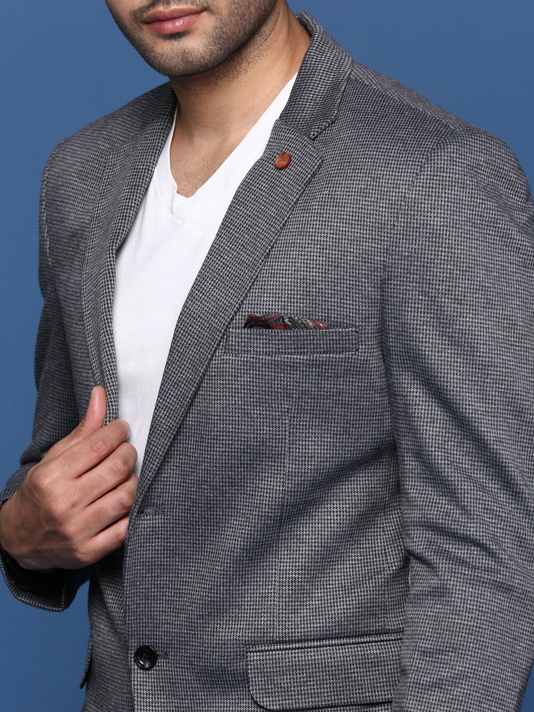 Men Grey Slim Fit Single Breasted Blazer