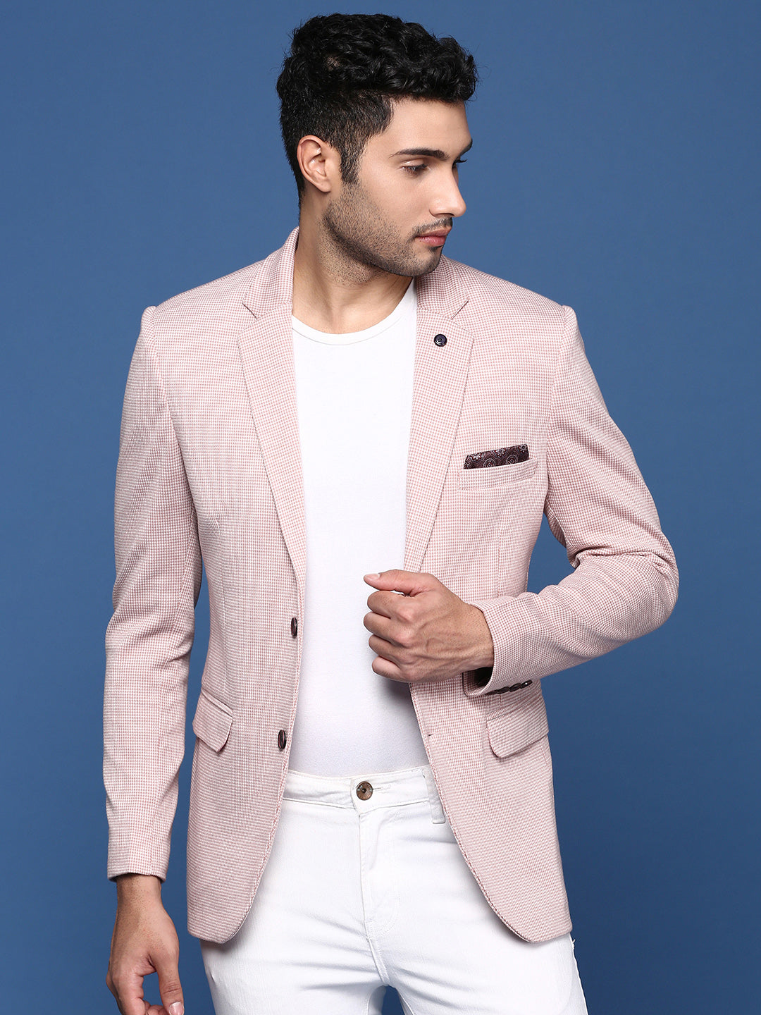 Men Peach Slim Fit Single Breasted Blazer