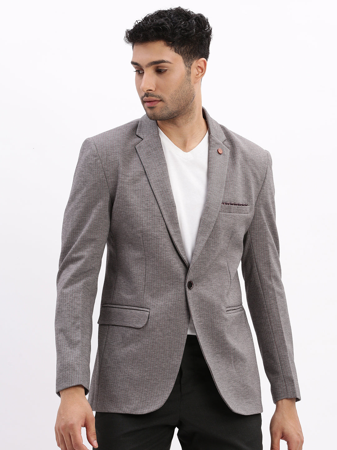 Men Striped Grey Single Breasted Blazer