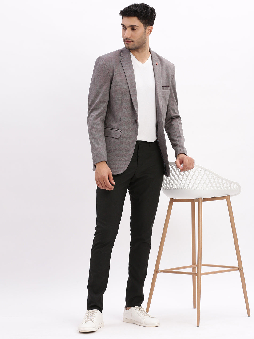 Men Striped Grey Single Breasted Blazer