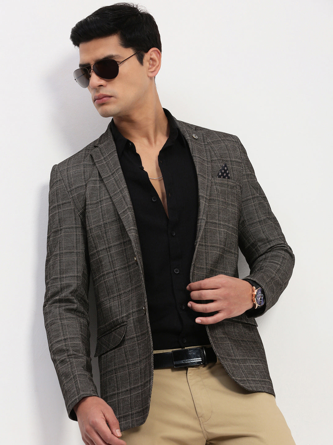 Men Grey Checked Single Breasted Blazer