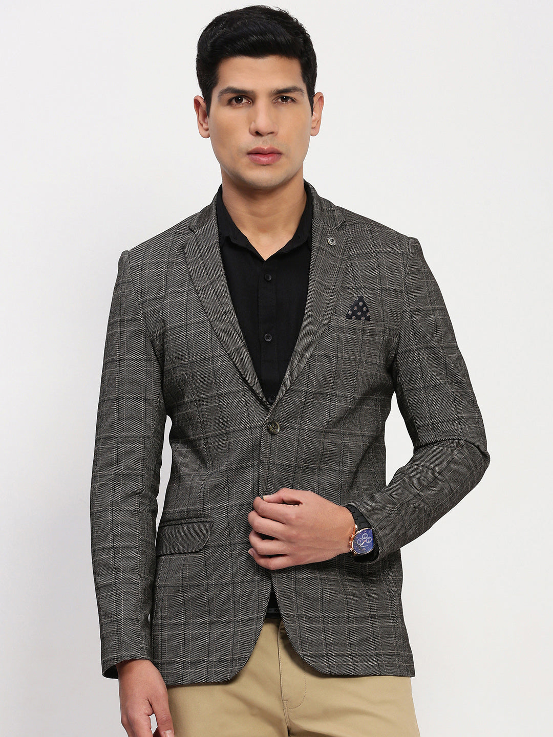 Men Grey Checked Single Breasted Blazer