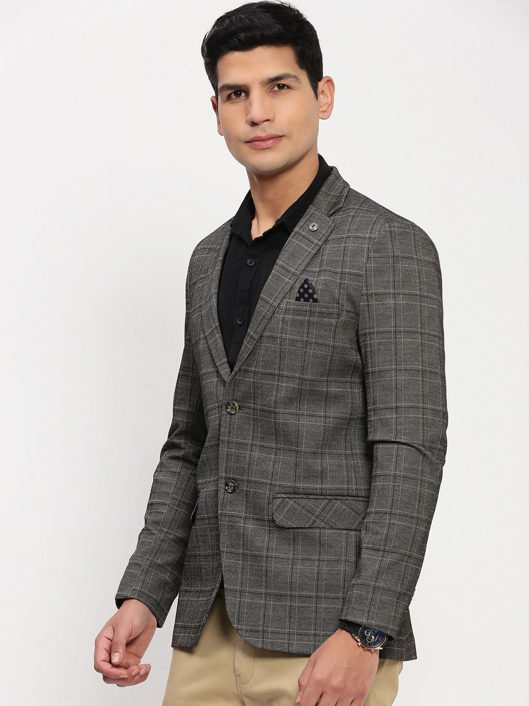 Men Grey Checked Single Breasted Blazer