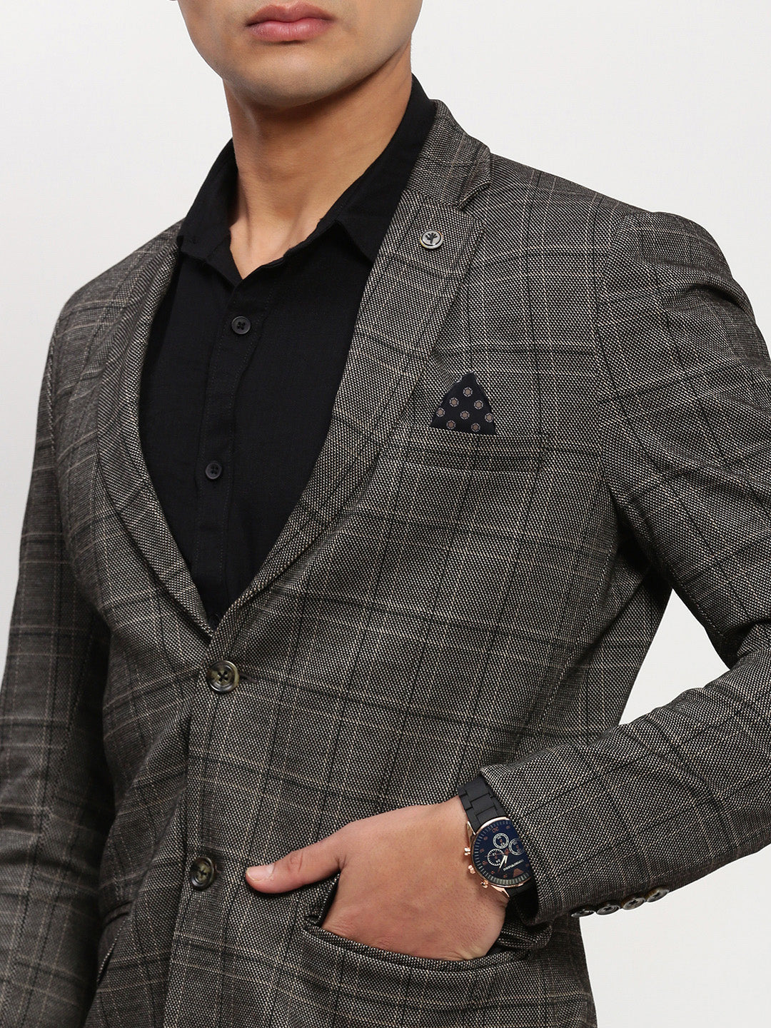 Men Grey Checked Single Breasted Blazer