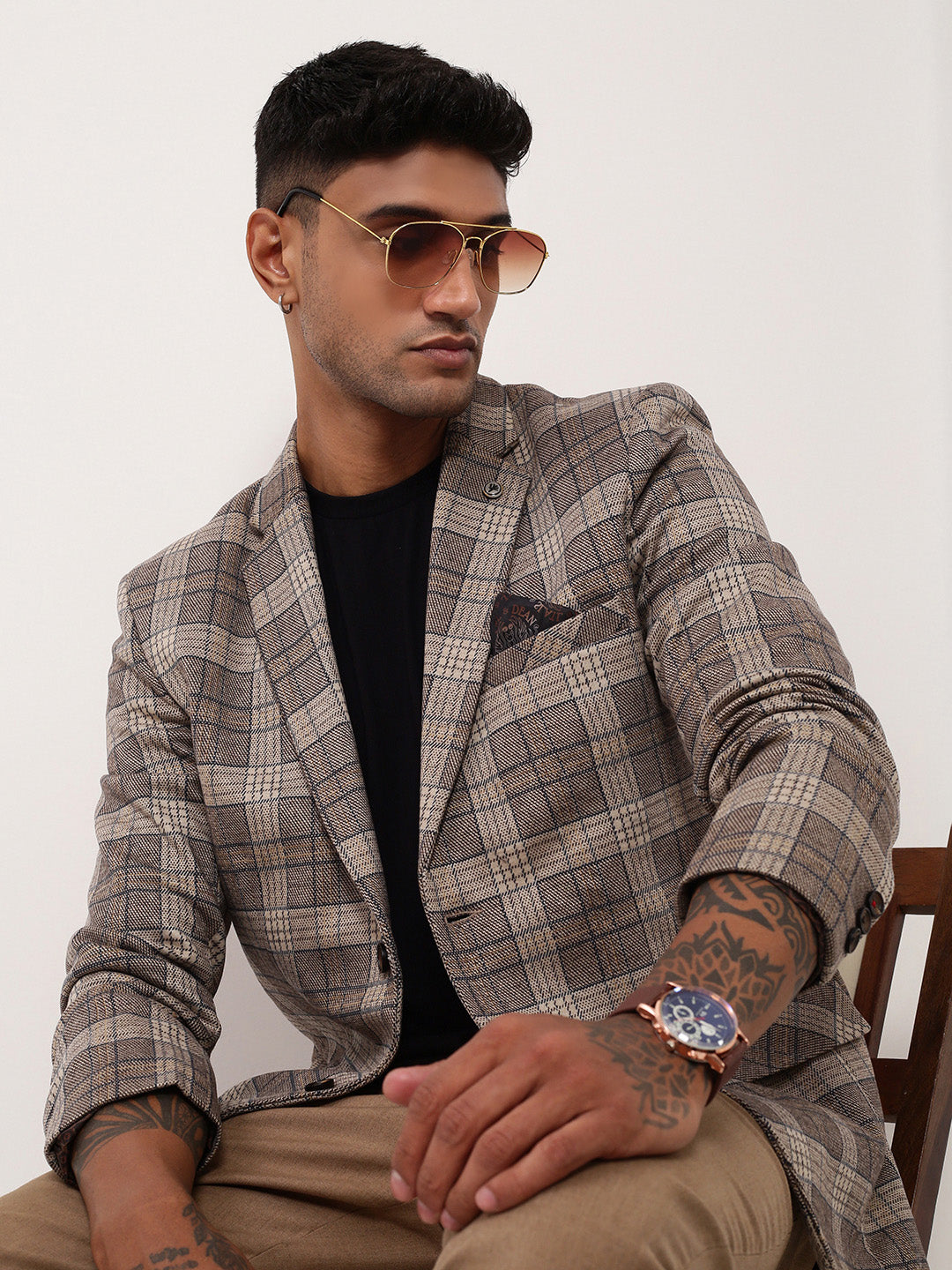 Men Grey Checked Single Breasted Blazer