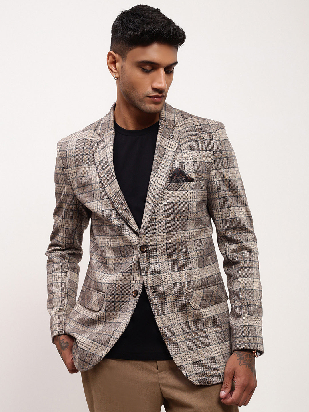 Men Grey Checked Single Breasted Blazer