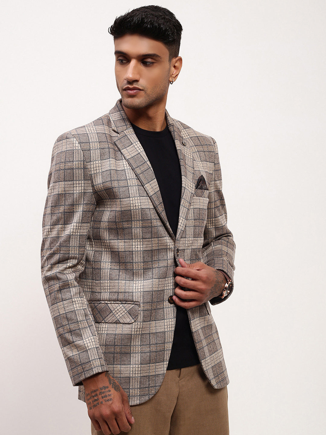 Men Grey Checked Single Breasted Blazer