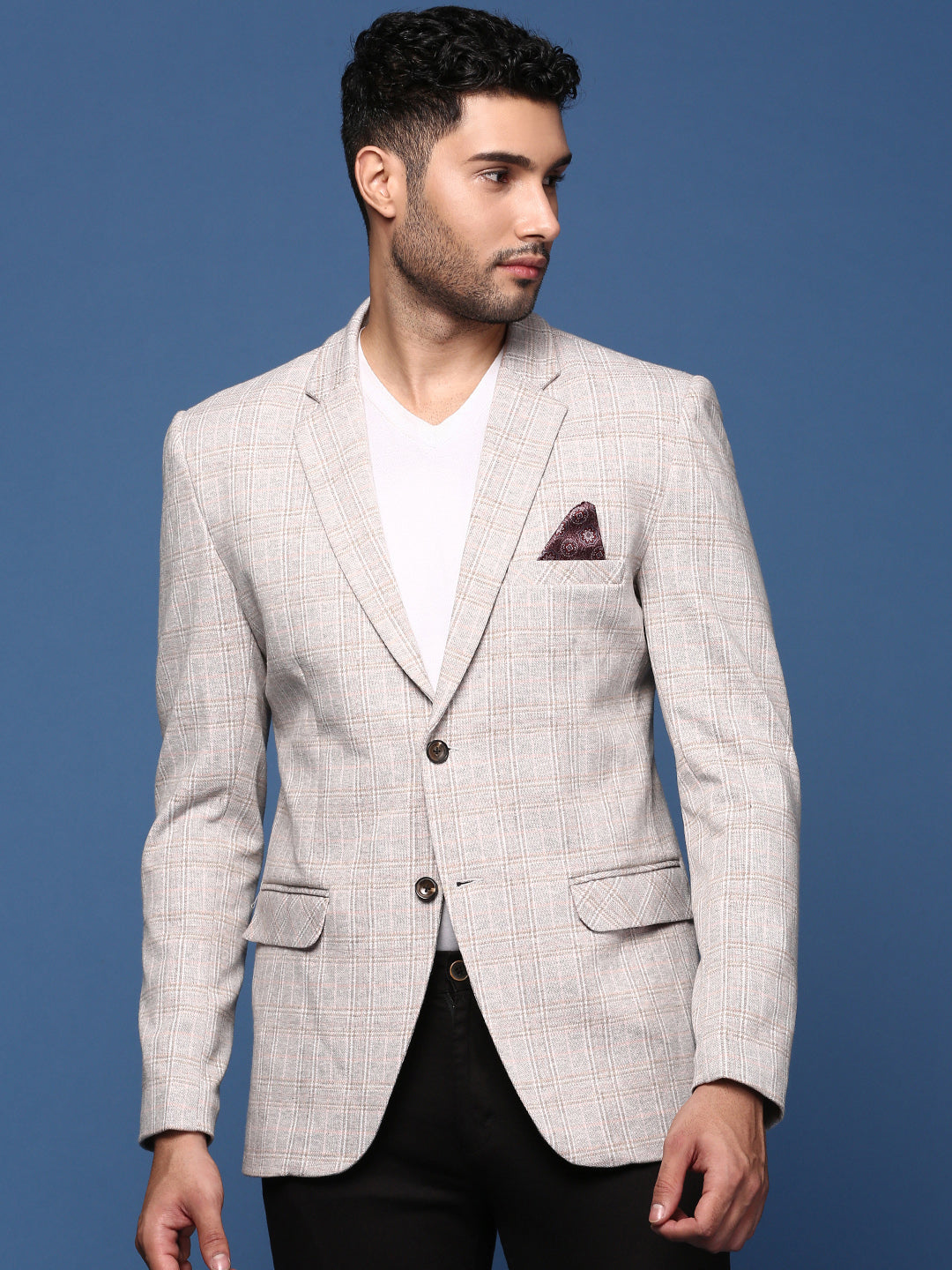 Men Grey Slim Fit Single Breasted Blazer