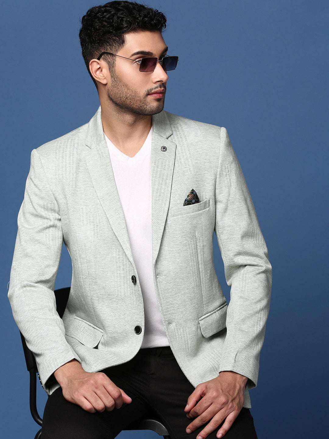 Men Green Slim Fit Single Breasted Blazer