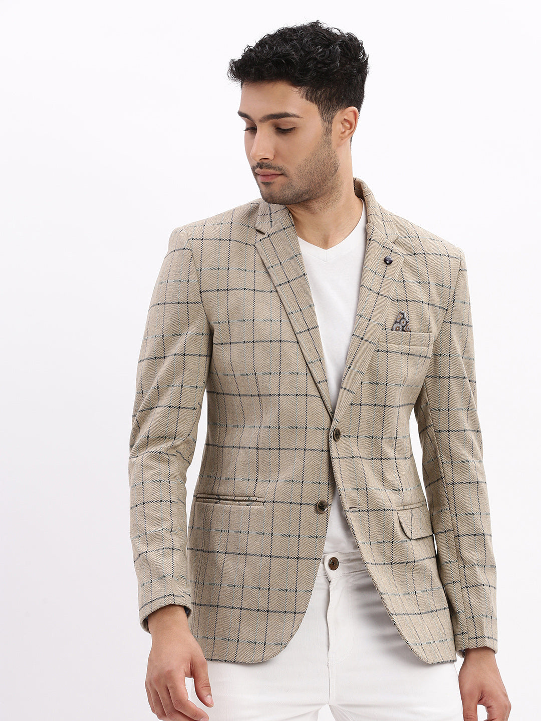 Men Checked Beige Single Breasted Blazer