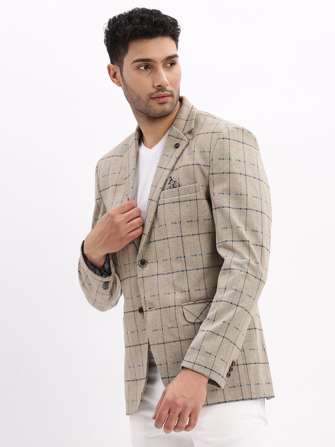 Men Checked Beige Single Breasted Blazer