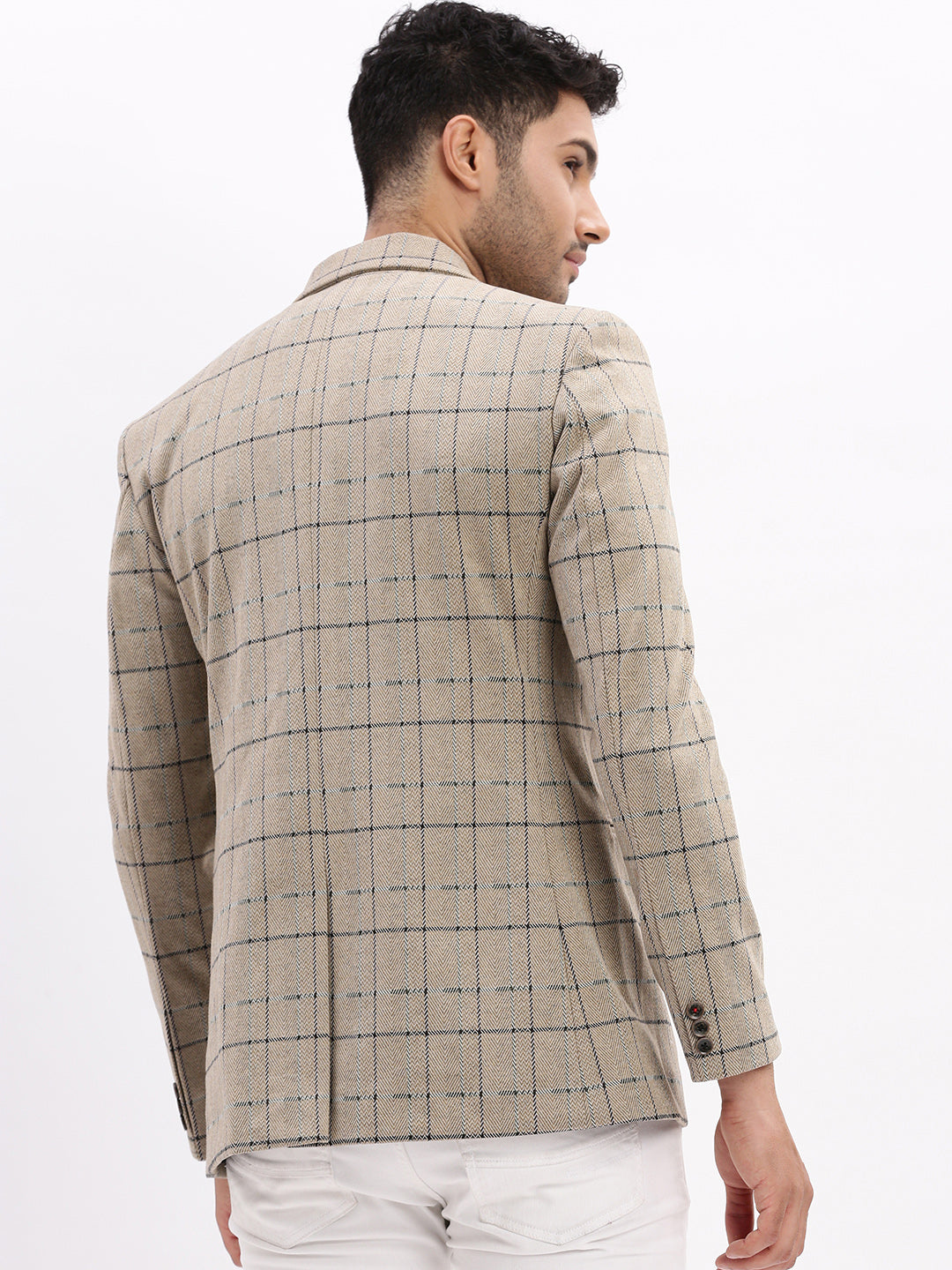 Men Checked Beige Single Breasted Blazer