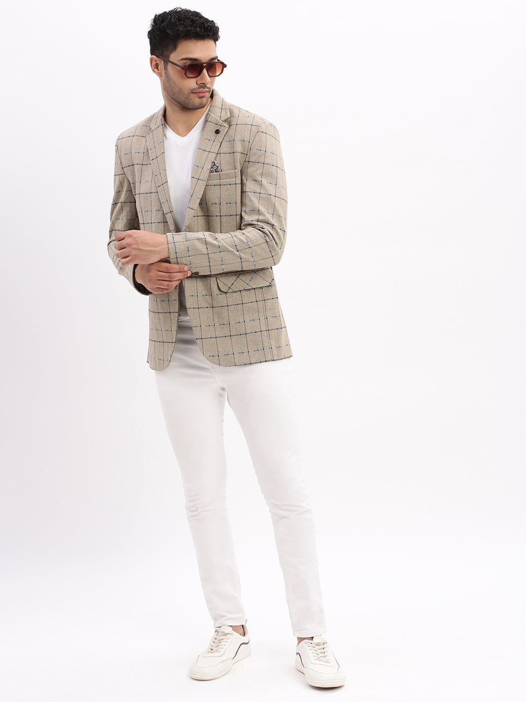 Men Checked Beige Single Breasted Blazer