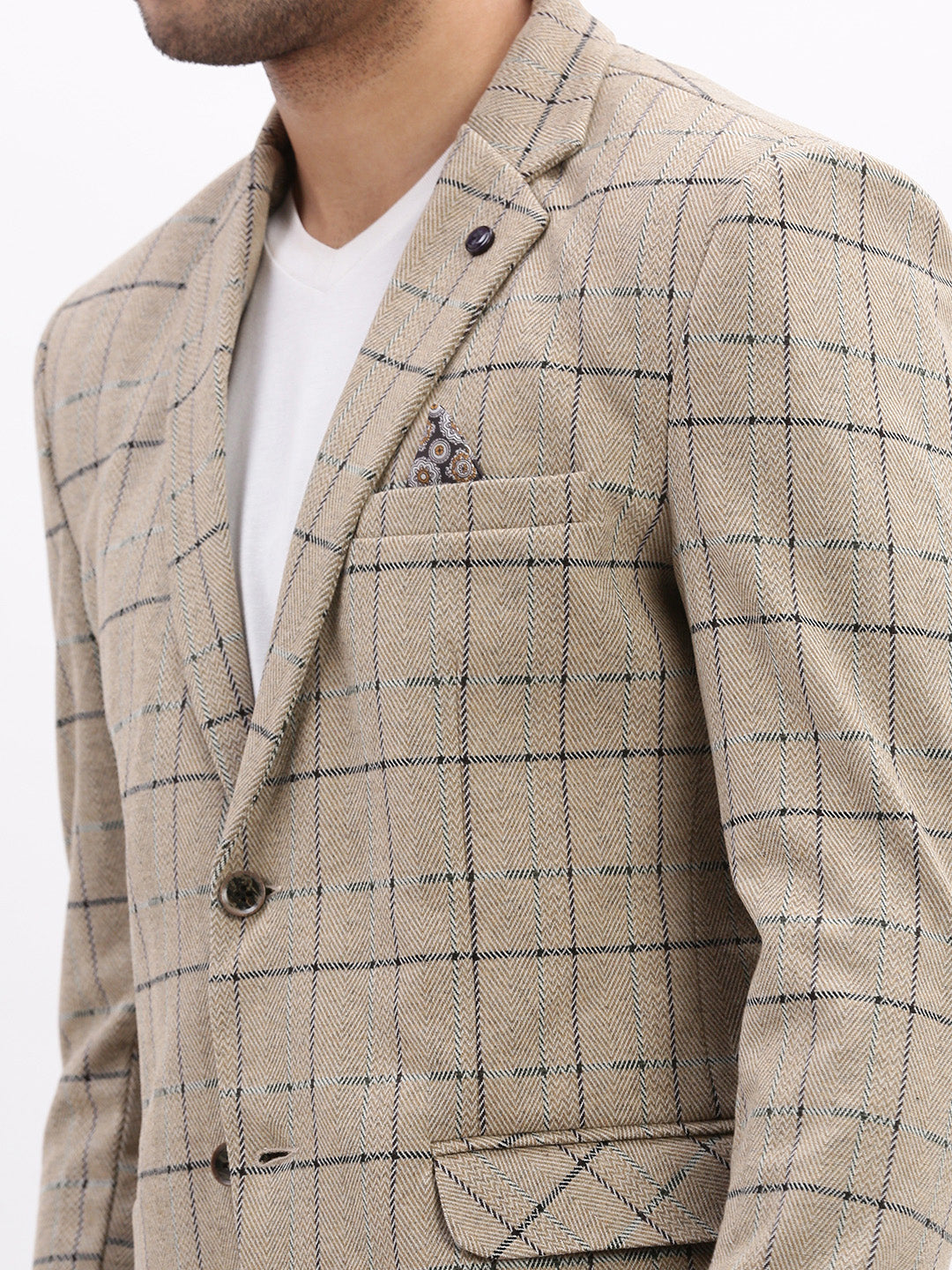 Men Checked Beige Single Breasted Blazer