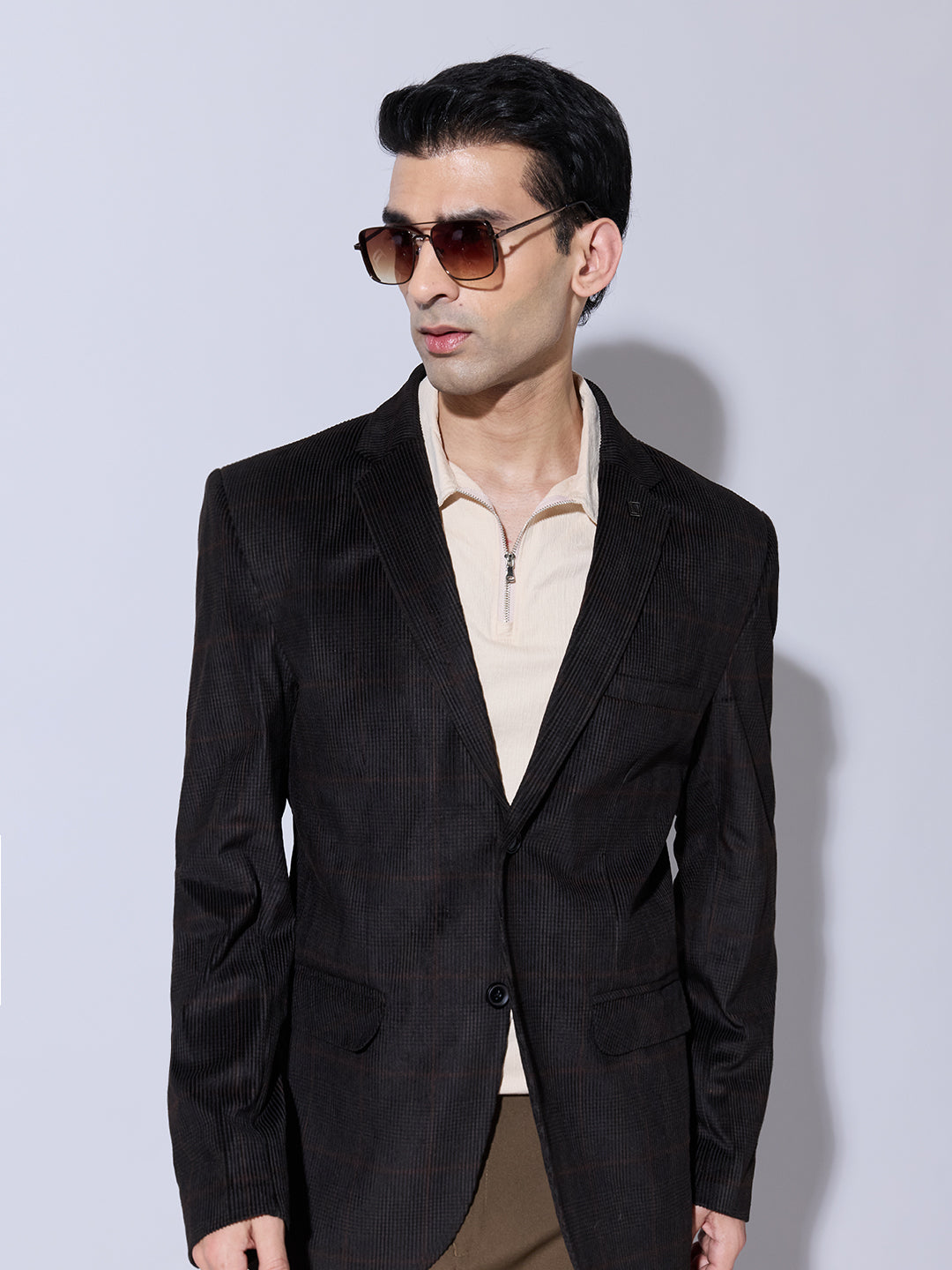 Men's Checked Black Single Blazer with Notch Lapel