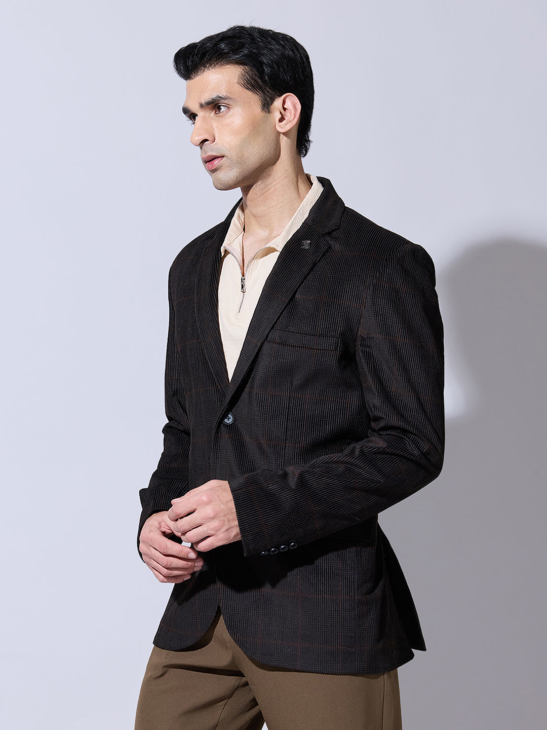 Men's Checked Black Single Blazer with Notch Lapel