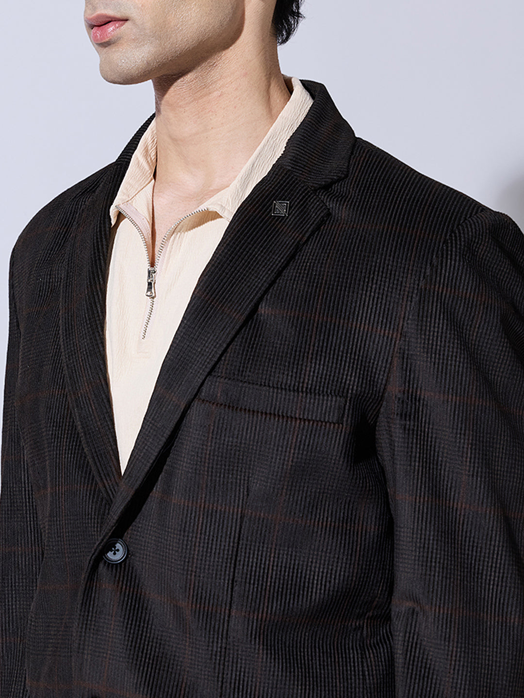 Men's Checked Black Single Blazer with Notch Lapel