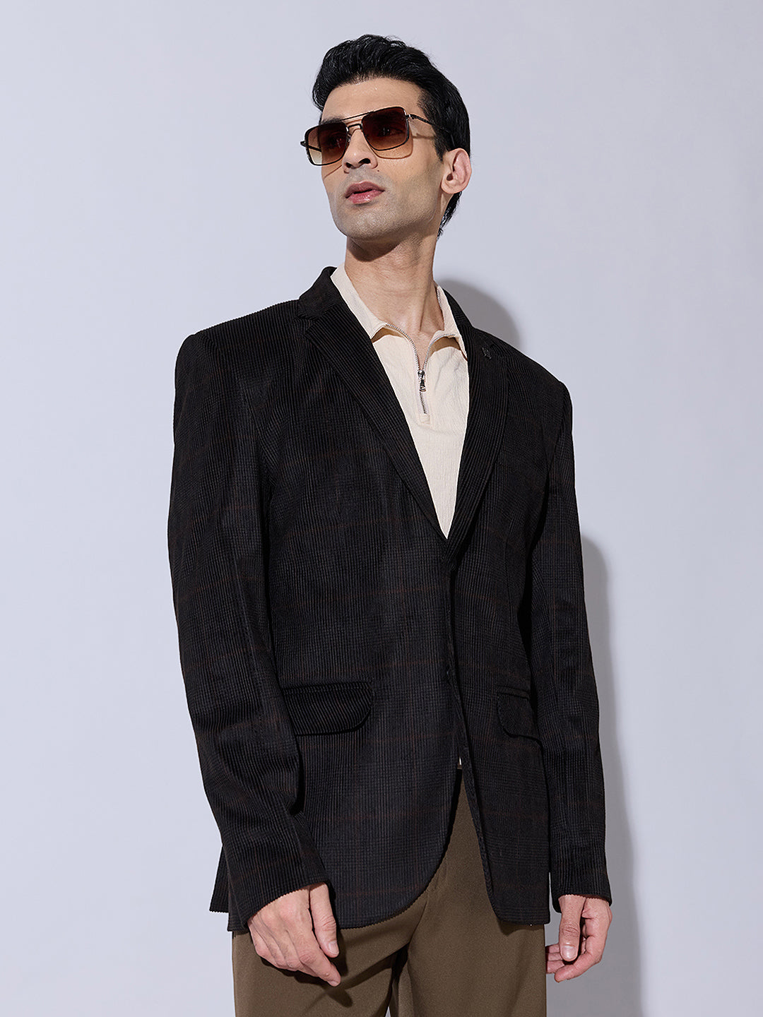 Men's Checked Black Single Blazer with Notch Lapel