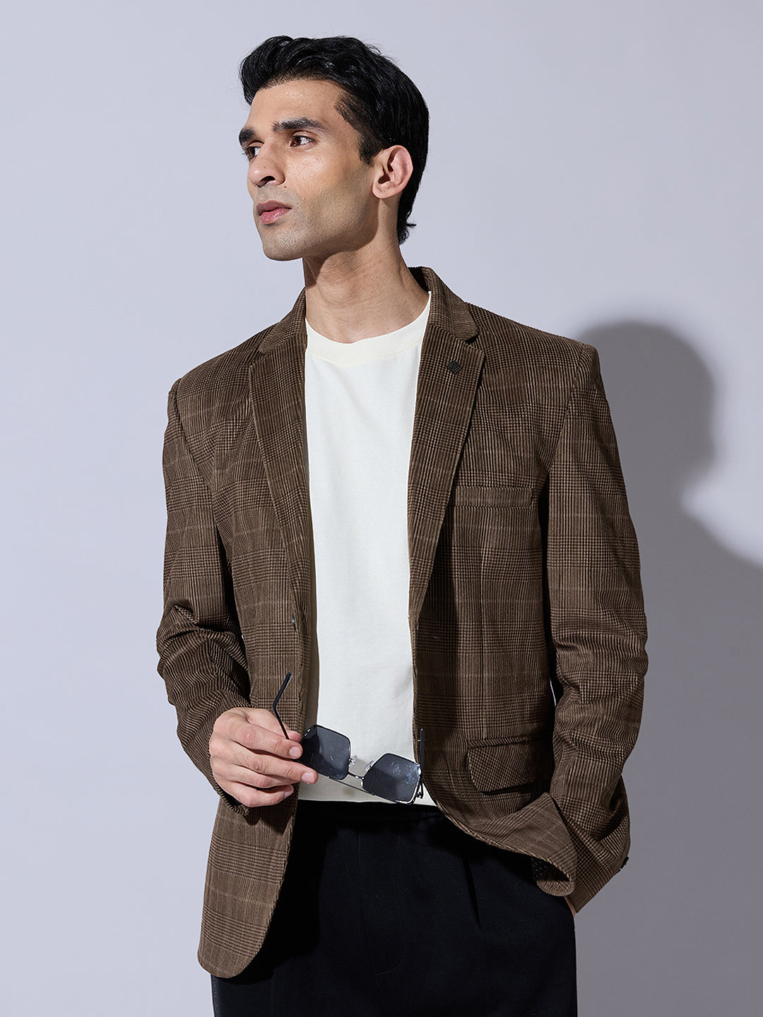 Men's Checked Brown Single Blazer with Notch Lapel