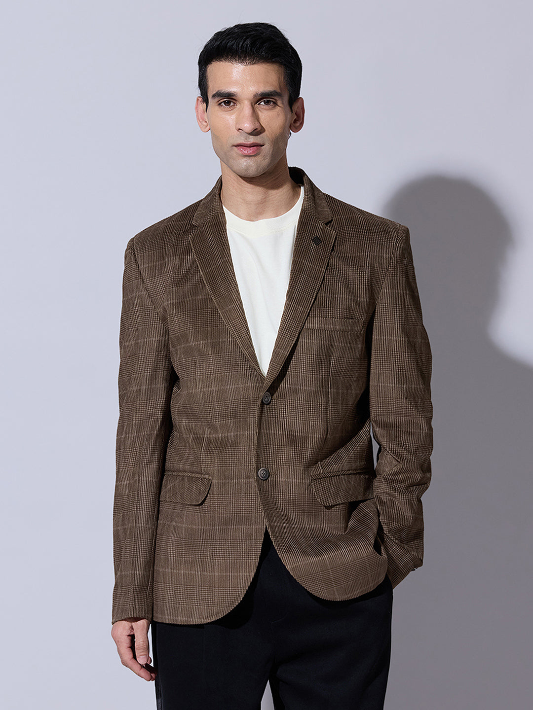 Men's Checked Brown Single Blazer with Notch Lapel
