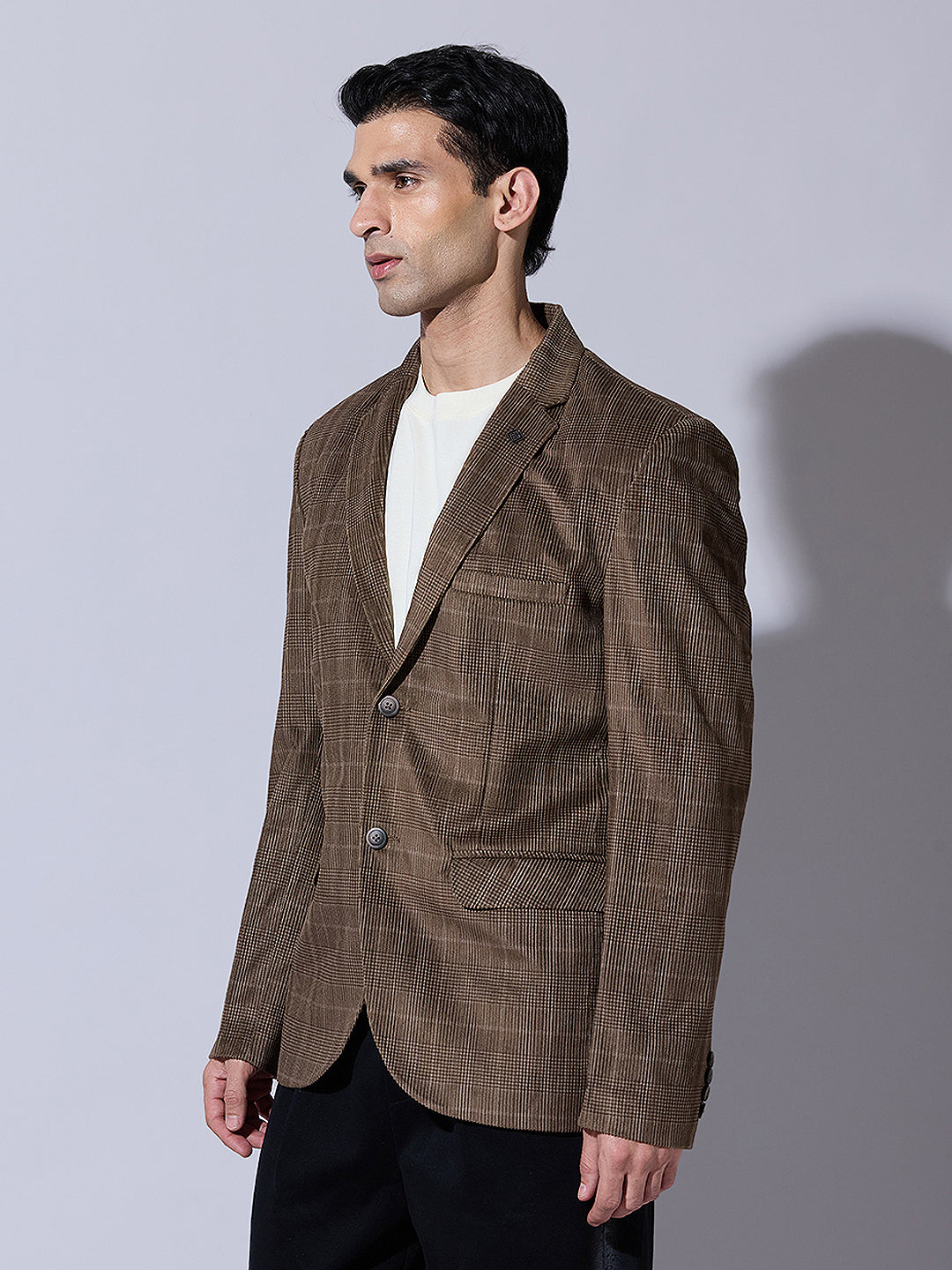 Men's Checked Brown Single Blazer with Notch Lapel