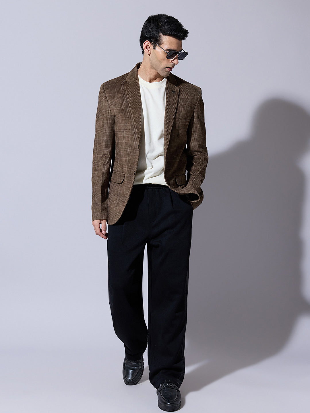 Men's Checked Brown Single Blazer with Notch Lapel