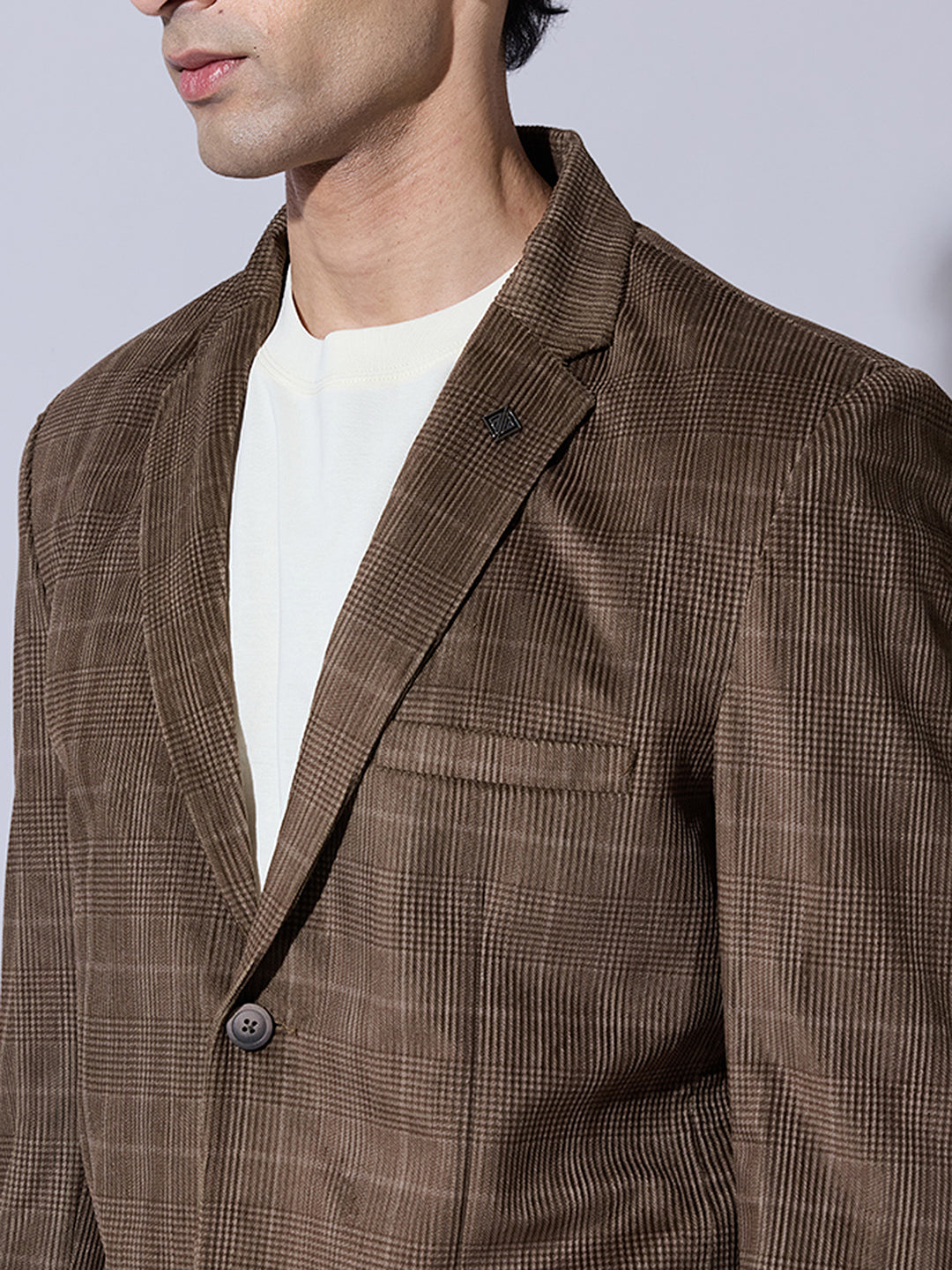 Men's Checked Brown Single Blazer with Notch Lapel