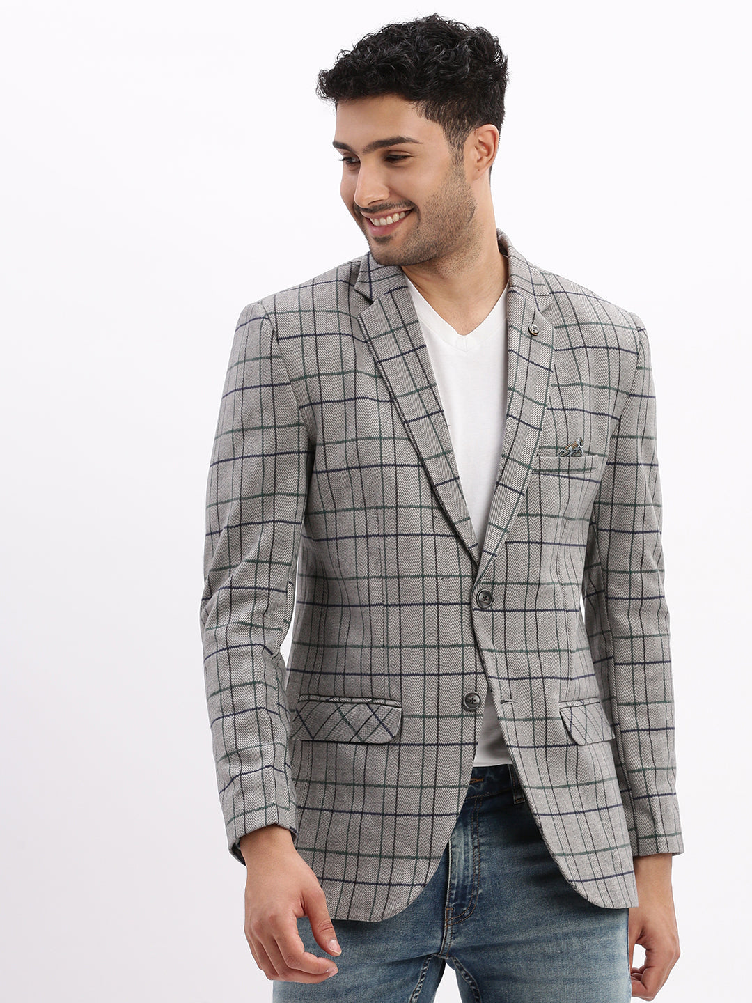 Men Checked Grey Single Breasted Blazer