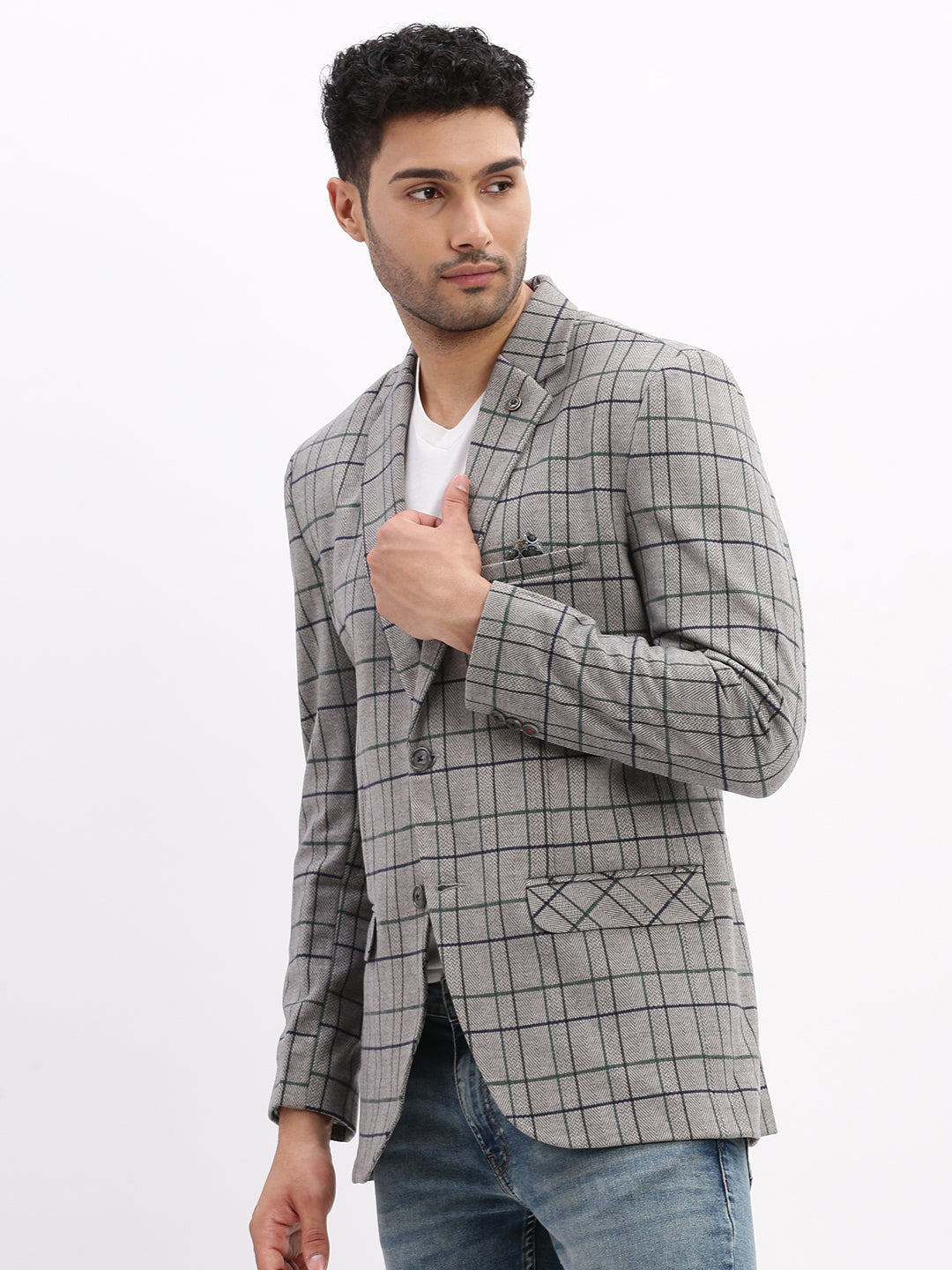 Men Checked Grey Single Breasted Blazer