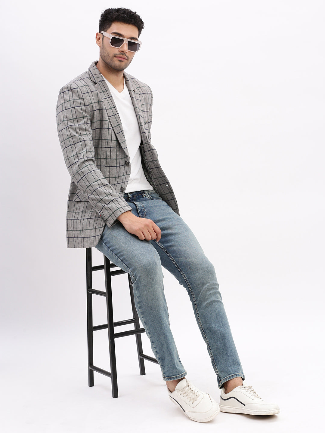 Men Checked Grey Single Breasted Blazer