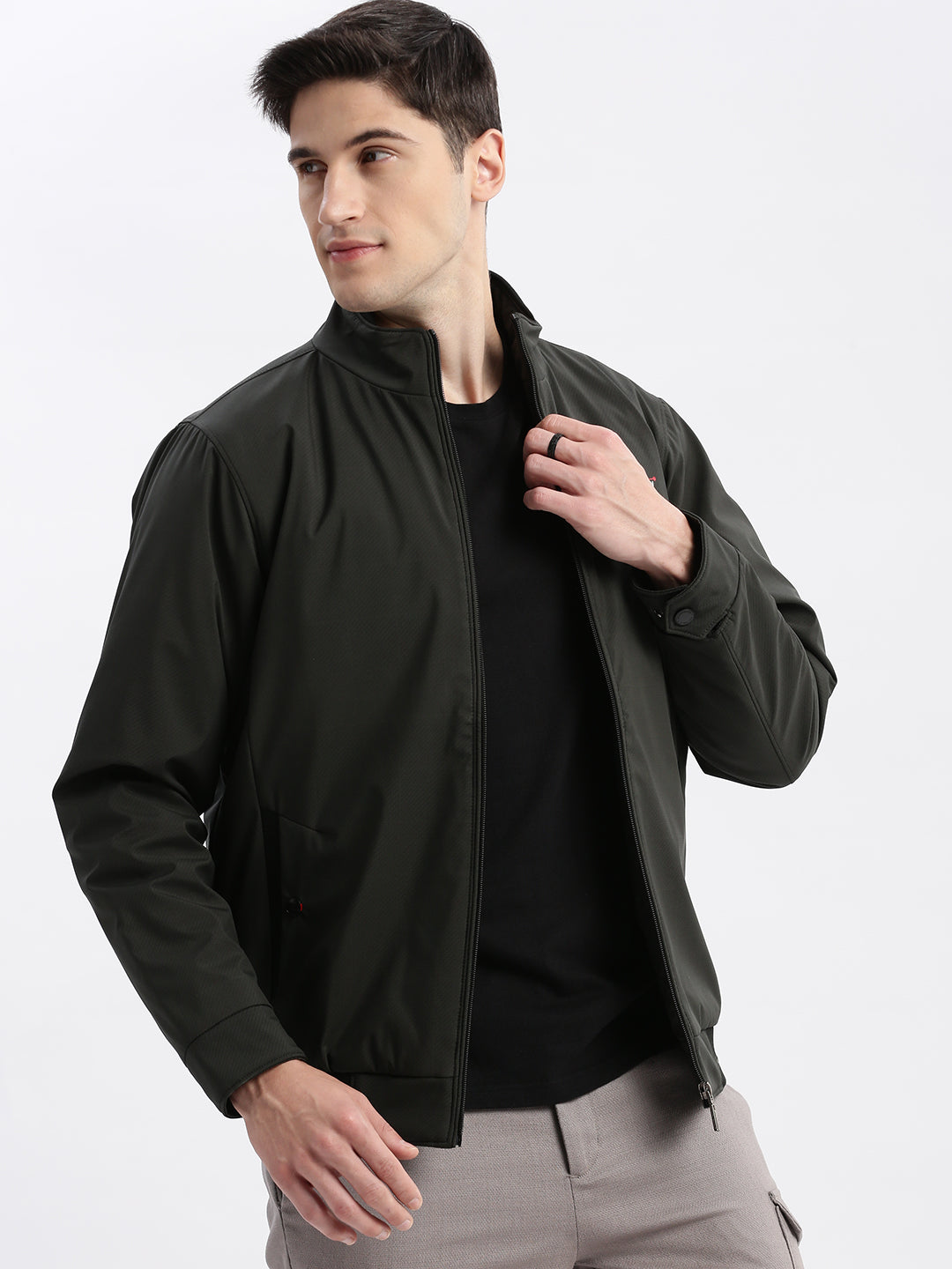 Men Solid Mock Collar Olive Bomber Jacket