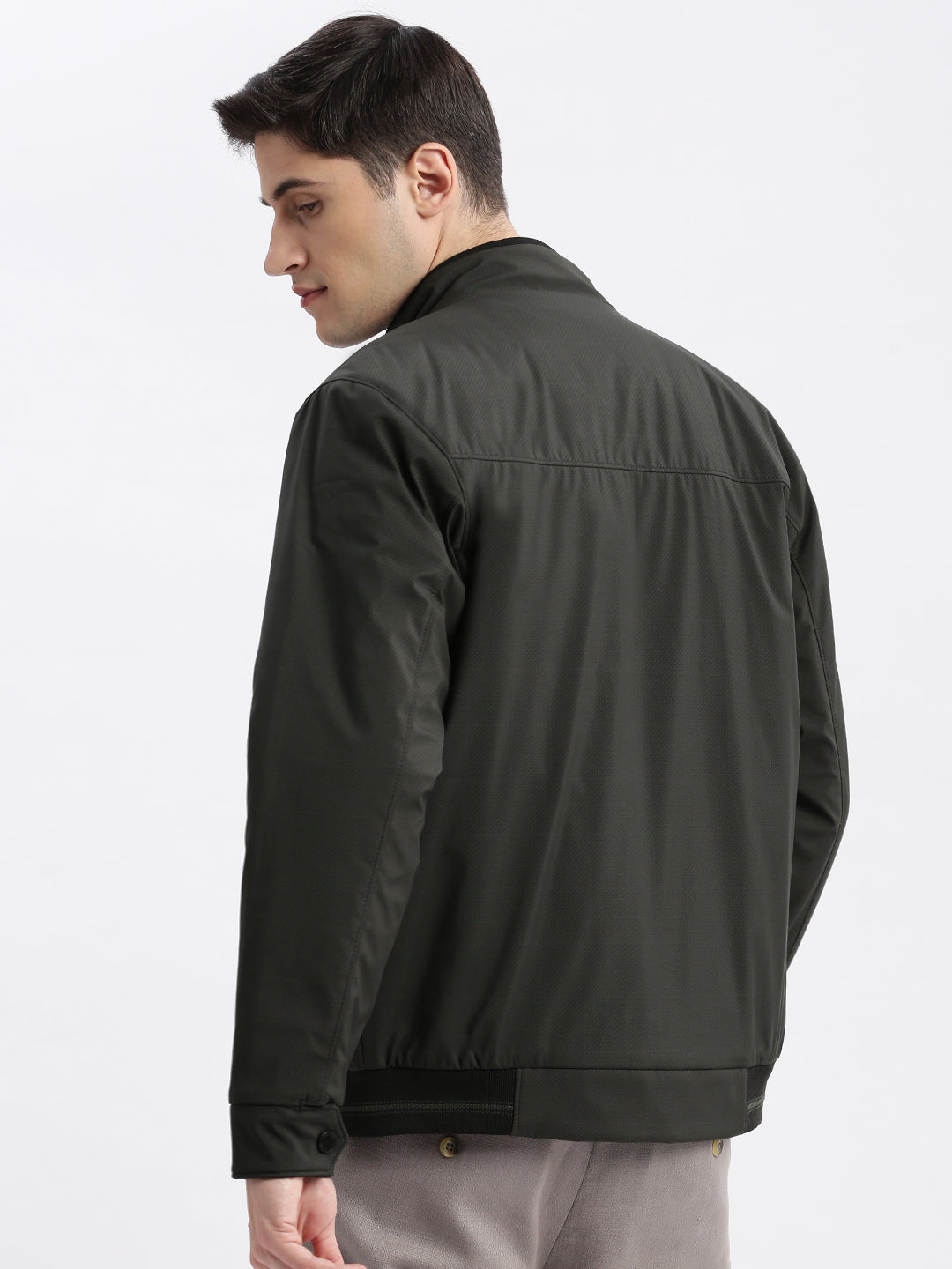 Men Solid Mock Collar Olive Bomber Jacket