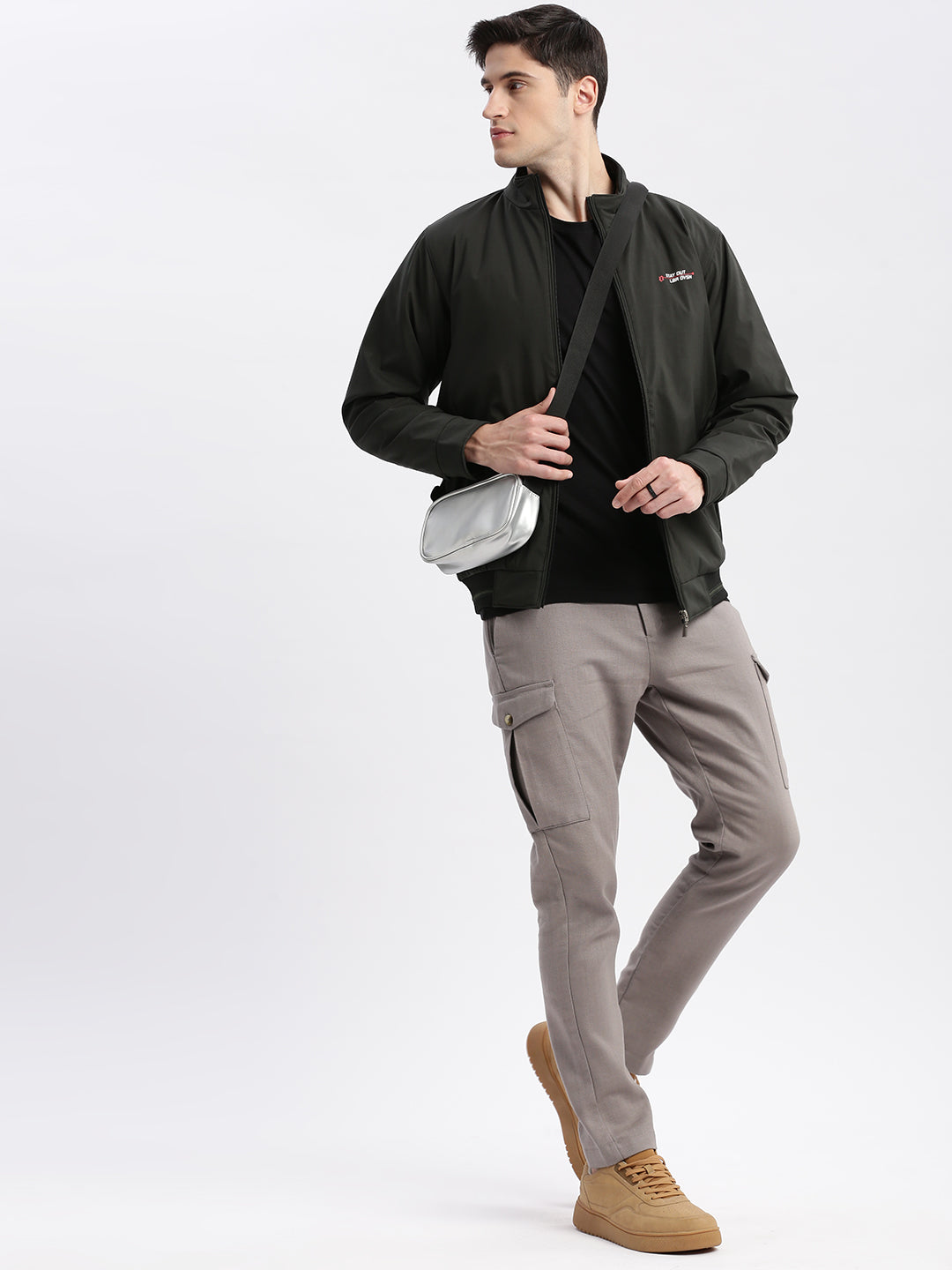 Men Solid Mock Collar Olive Bomber Jacket