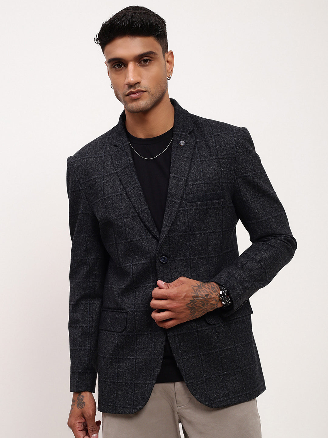 Men Black Checked Single Breasted Blazer