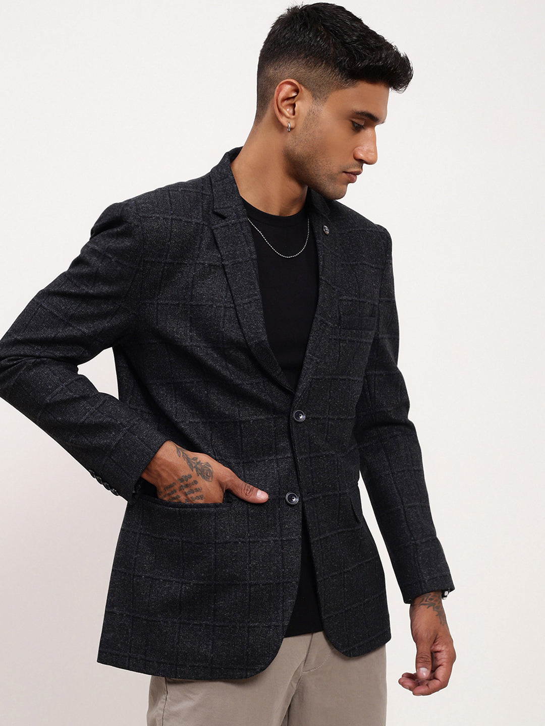 Men Black Checked Single Breasted Blazer