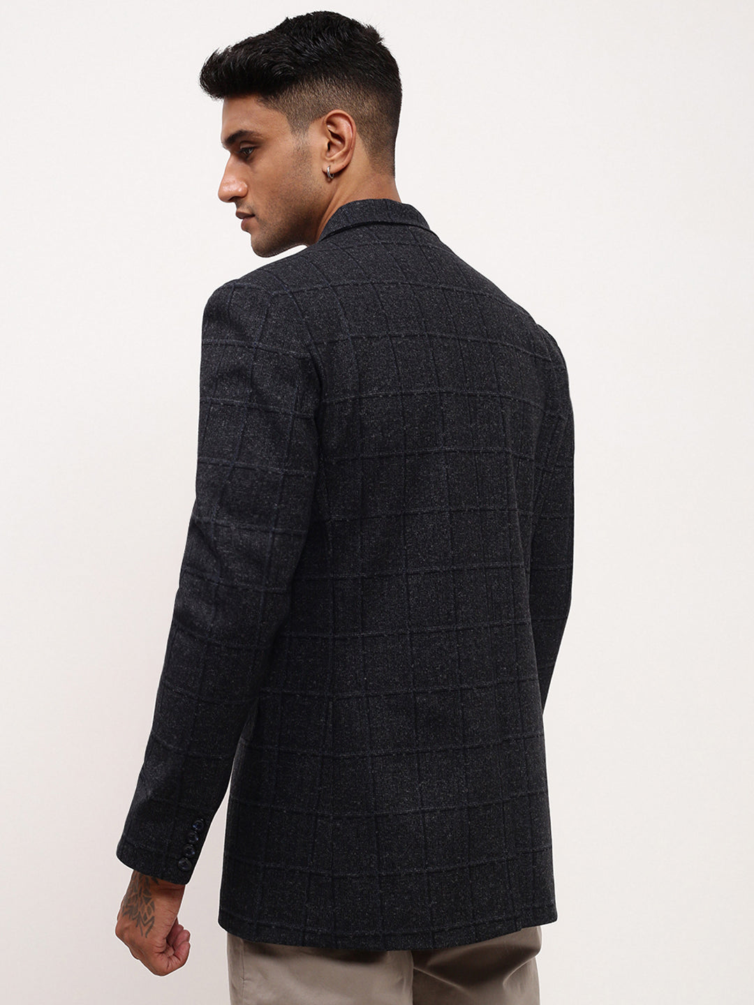 Men Black Checked Single Breasted Blazer