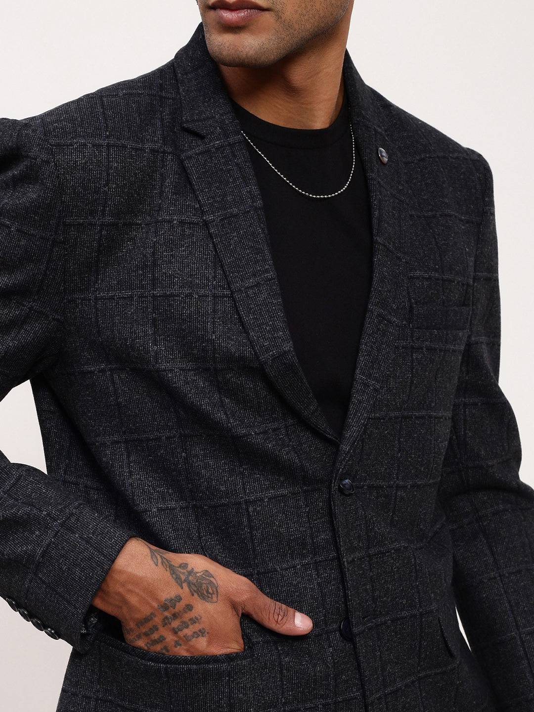 Men Black Checked Single Breasted Blazer