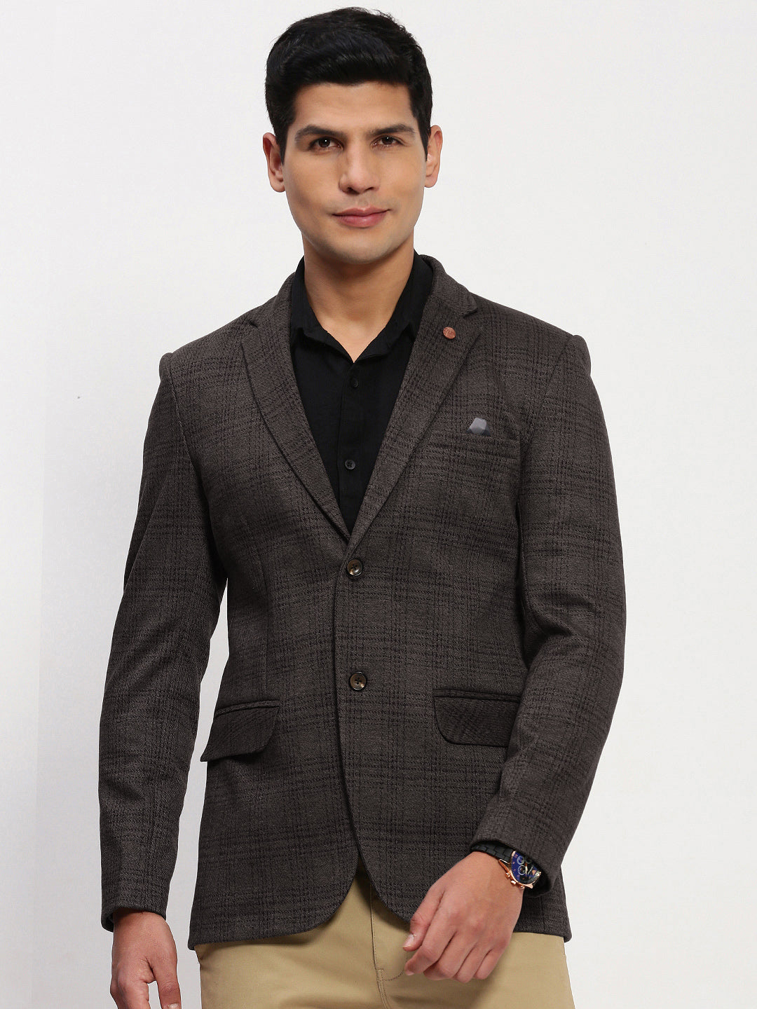 Men Black Checked Single Breasted Blazer