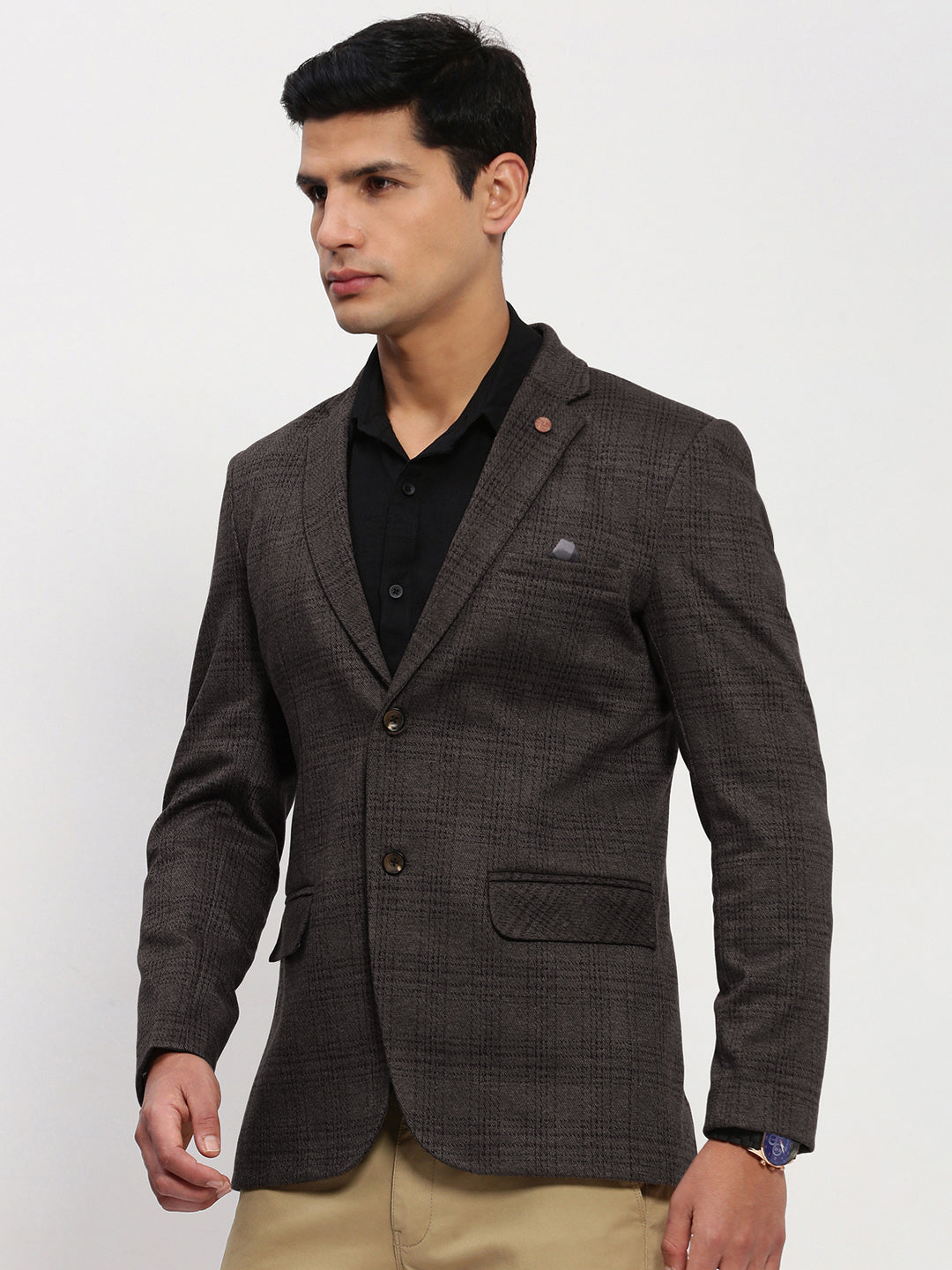 Men Black Checked Single Breasted Blazer