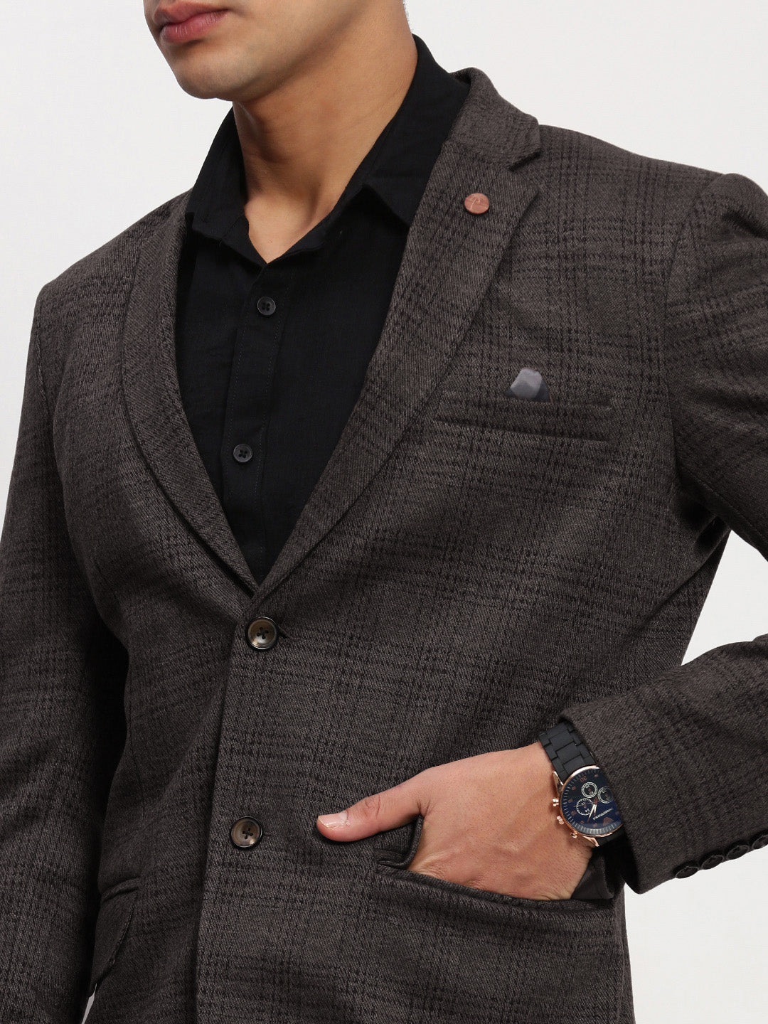 Men Black Checked Single Breasted Blazer